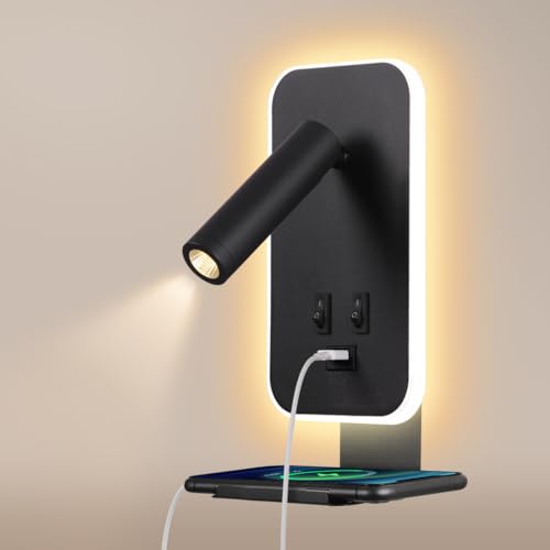 Awekliy Lampada da Parete a LED,Luce da Lettura da Comodino con Interruttore,Con porta di ricarica USB e vassoio per cellulare, Illuminazione ambientale della camera da letto(Luce Calda 3W + 9W) Nero