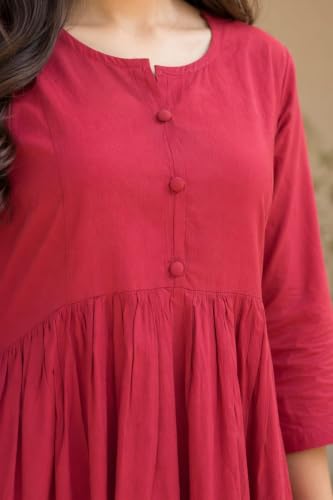Image of ANILINE Women's V-Neck, Button Front, three-quarter sleeves, Anarkali shape, Empire Waist, Pleated Design Kurta With Pant