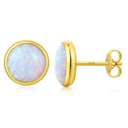 Chapados Oro Pendientes de ópalo Pendientes Plata de ley 925 Pendientes de botón ópalo Blanco redondos Hipolalergénicos Joyas para mujer 8 mm