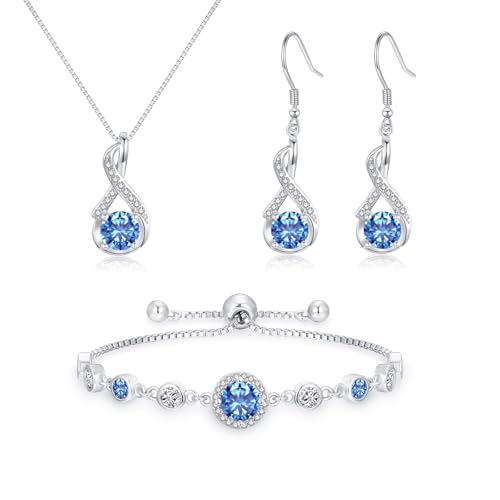 Cangall Silber Schmuck Set Damen, 925 Sterling Silber Halskette & Ohrringe & Armband Set mit Blau Cubic Zirkonia, 45+5cm Halskette & Ohrringe Hängend & Verstellbar Armband...