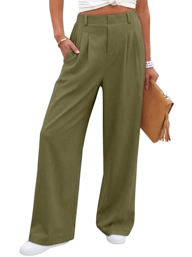 ANRABESS Women Wide Leg Pants Stretchy Work Dress Pants Waffle Knit Business Casual Pull on Palazzo Slacks Trousers Outfits Olive Green Medium