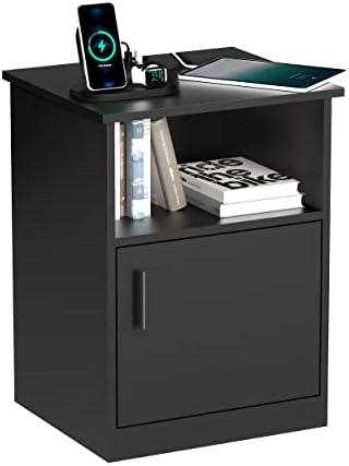PrimeZone Modern Nightstand with 3 USB Ports - 16" D x 18" W x 24" H FSC-Certified Wood Bedside Table with Cabinet & Open Storage, Waterproof End Side Table Night Stand for Bedroom, Black