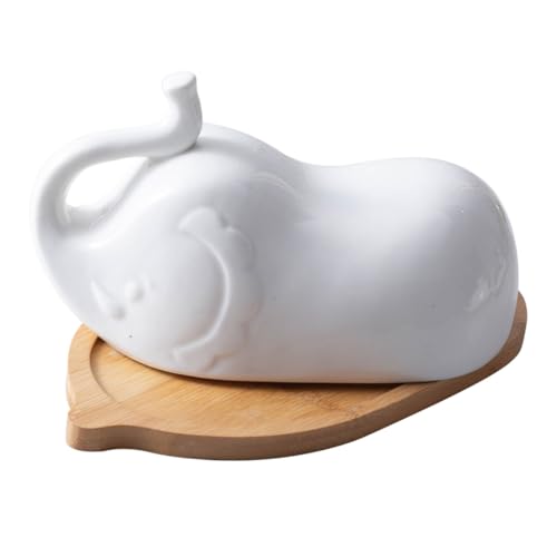 MUELODSIC Mantequera de Cerámica con Forma de y Tapa Plato de Madera Simple Desmontable para Vajilla de Hogar y Hotel Fácil de Limpiar y Compatible con Microondas y Lavavajillas