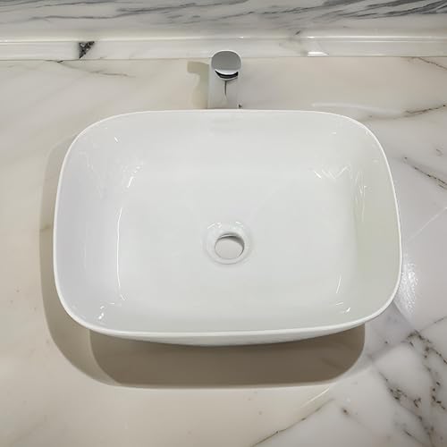 Image of SEA SHORE White Imported Ceramic Table Top Wash Basin - Slim Rim Vessel Sink for Bathroom & Living Room | 18 x 13 x 6 Inch (Bettel White)