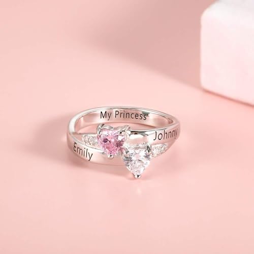 Promise Rings for Her – Custom Birthstone Ring for Women in Sterling Silver – Personalized 2 Heart Birthstones, Sizes 5-124
