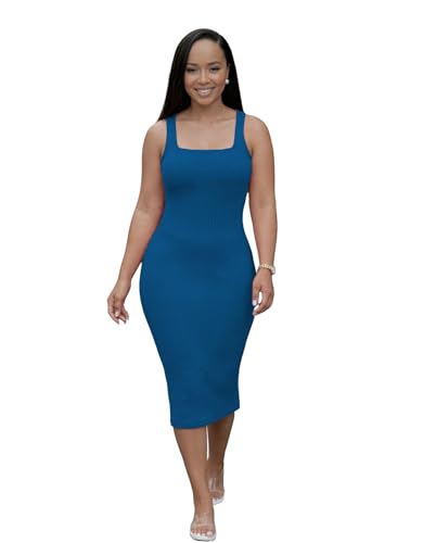 Image of TOPSRANI Women Sexy Midi Dress Bodycon Casual Sleeveless Basic Ruched Tank Summer Club Party Dresses