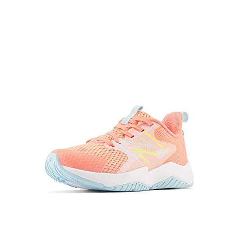 New Balance Tênis infantil unissex Rave Run V2 com cadarço, Toranja/azul alvejante/Hi-lite, 1 X-Wide