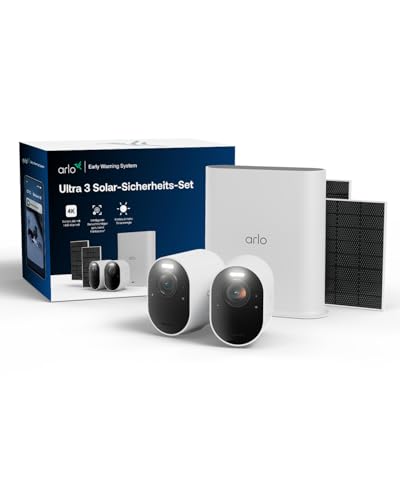 Arlo Ultra 3 Überwachungskamera Aussen Kabellos, 4K UHD, KI-Erkennung, Auto-Tracking, Farbnachtsicht, Smarthub für lokale Lagerung, sichere Testversion inklusive, 2 Kameras mit 2 Solarzellen, Weiß