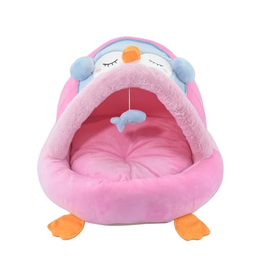 Cama Pet Toca Pinguim Pelúcia Almofada Removível, Bixo Ferpa Rosa