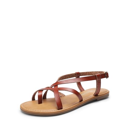 DREAM PAIRS Women's Flat Sandals Strappy Dressy Comfortable Ankle Strap Casual Summer Thong Sandals for Beach,Size 10,Dark Brown-Pu,SDFS2401W