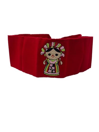 Mexican Folk Art Embroidered Belt, Red, Traditional Doll Design