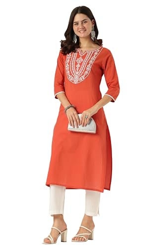Image of Janasya Women's Pure Cotton Yoke Embroidered Straight Kurta