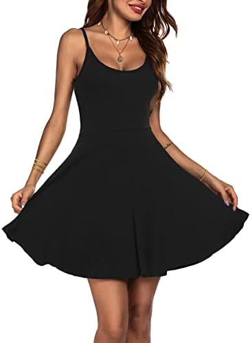 ACEVOG Summer Dresses for Women Beach Sexy Black Spaghetti Strap Fit & Flare Sundress Short V Neck Island Vacation Dresses