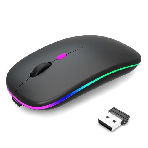 【Amazon.co.jp限定】ワイヤレス マウス 無線 薄型 マウスBluetooth5.0 静音 瞬時接続 小型 高感度 ブルートゥース 2.4GHz 3段階DPI切替 左右対称 充電式 ゲーミングマウス 省エネ 7色ライト 光学式 高耐久性 握りやすい 簡単接続 携帯便利 Mac/Windows/Surface/PC/Macbookに対応の画像
