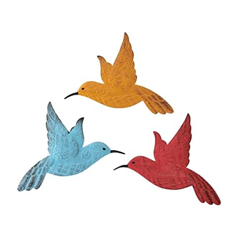 Scwhousi Metal Hummingbird Wall Decor, Outdoor Garden Patio Fence Wall Art,Hanging Decorations for Living Room, Bedroom,3 Pack (Orange Blue Red) Cover