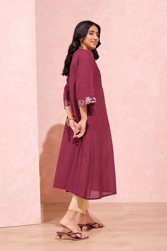 Image of Taneira Women Cotton Embroidered Dark Pink Kurta for Women (KUAM66DPM-Dark Pink-M)