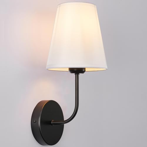 Image of Modern Hardwired Wall Sconce Set of 2 - Matte Black Finish with White Fabric Shades,Farmhouse Bedroom & Living Room Lighting, Hallway, Fireplace, Bathroom