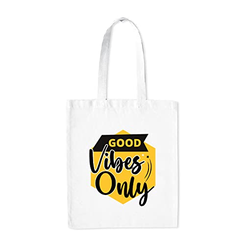 Image of Good Vibes Quotes Medium Canvas Tote Bag for Women with Zip, Stylish Polyster Cotton Handbags College Grocery Handbags L X H 38 X 43 Cms