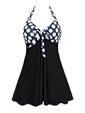 Damen Badekleid Neckholder Einteiliger Tankini mit Shorts Push Up Bedruckt Blau Punkte Schwarz M