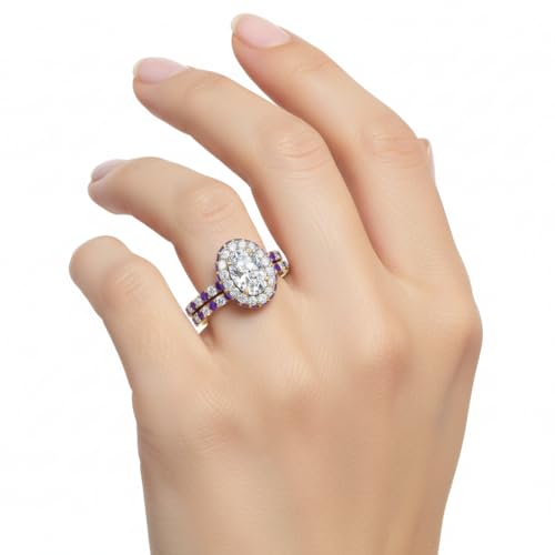 Image of Choose Your Gemstone Oval Halo Rollover Diamond CZ Wedding Ring Yellow Gold Plated Oval Shape Wedding Ring Sets Matching Jewelry Wedding Jewelry Easy to Wear Gifts US Size 4 to 12