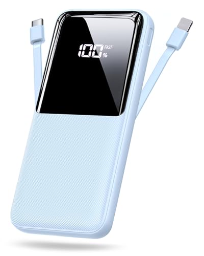 Power Bank Schnellladung 15000mAh, Tragbares Ladegerät mit integrierten Kabeln, USB-C Powerbank mit LED-Display & 4 Ausgängen, Akku-Pack kompatibel mit iPhone 16 15 14 13 Android und mehr, Blau