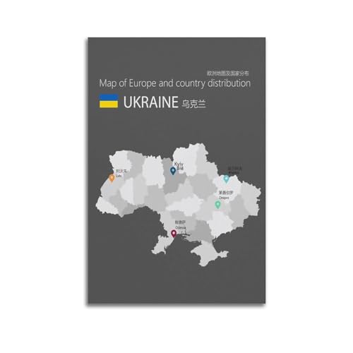 WALSFK Poster con mappa del paese dell'Ucraina, su tela, decorativo, per camera da letto della famiglia, 60 x 90 cm