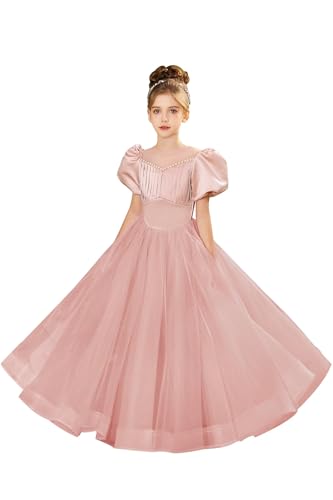 Flower Girls Satin Tulle Dresses for Wedding Pearls Princess Pageant Dress Birthday Party Dress