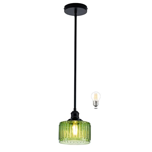 Image of MAYNA 1 Pack Modern Pendant Light with Green Striped Glass Lmapshade, Black Vintage Pendant Light, Adjustable Hanging Light for Kitchen Island Dining Room Hallway(Bulb Included)