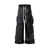 JKUIVE Mens Wide Leg Matte Pu Leather Pants Straight Casual Baggy Pockets Drawstring Trousers Black