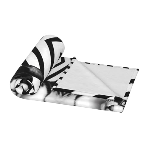 Couverture en flanelle chat noir et blanc plaid doux anti-pilling lit 152x203 cm