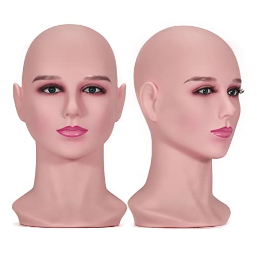 DANZHEN Bald Mannequin Head Female Cosmetology Mannequin Head With Eyelash Training Head Model Bald Manikin head for Wigs Making Wig Hat Glasses Display(skin color)