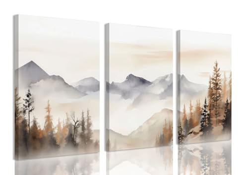 Image of TBKHUDBI Neutral Mountain Wall Art Forest Landscape Canvas Wall Art Painting Prints Set of 3 Abstract Nature Watercolor Picture Poster Decor for Living Room Bedroom Bathroom 12"x16" Framed