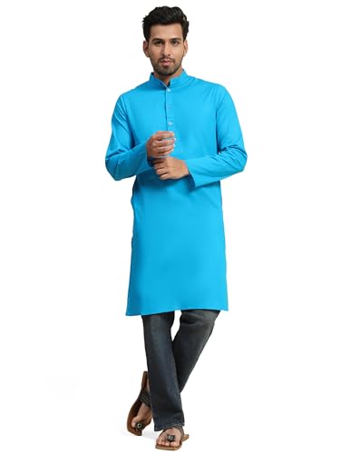 Image of SKAVIJ Men's Cotton Kurta Casual Long Shirt Regular Fit (XX-Large, Turquoise)
