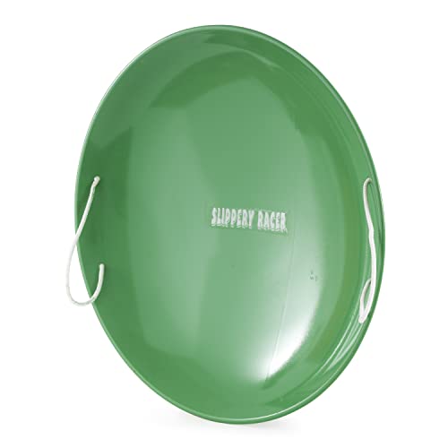 Slippery Racer ProDisc 26 Inch Heavy Duty Aluminum Iron Alloy Metal Kids Winter Saucer Snow Sled with Dual Riveted Soft Grip Rope Handles, Green