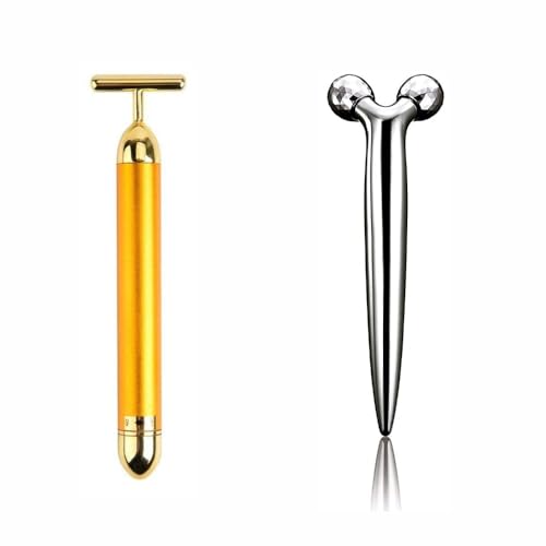 ANSHU Gold Massager Electric Vibration Energy Beauty Bar Waterproof Massager With 3D Y-Shaped mini Roller For Forehead, Cheek,Neck,Arm Leg Massager