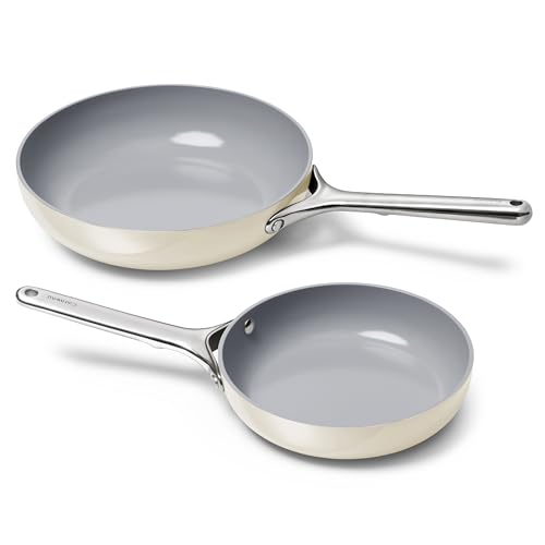 Caraway Fry Pan Duo - Nonstick Ceramic Frying Pan (8" & 10.5”) - Non Toxic, PTFE & PFOA Free - Oven Safe & Compatible with All Stovetops (Gas, Electric & Induction) - Cream