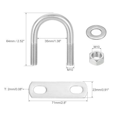 Image of uxcell Round U-Bolts, 8 Sets 35mm(1.38 inch) Inner Width 64mm Length M10 304 Stainless Steel U Clamp Bolt with Nuts and Plates, for Boat Trailer