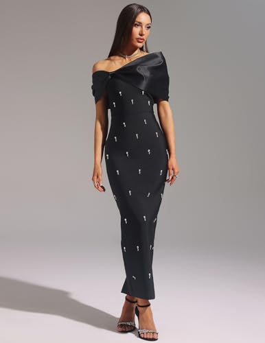 BELLA BARNETT Sleeveless One Shoulder Diamond Bow Bandage Dress Maxi Rhinestone Evening Formal Party Dress2