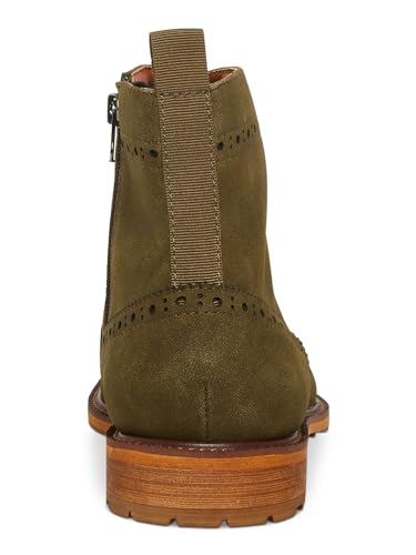 MADDEN Mens Olive Green Brogue Detailing Lace-Up Front Heel Pull-Tab Padded Remppr Wingtip Toe Block Heel Zip-Up Boots Shoes 92