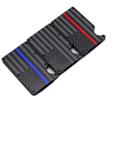 Black & Gray American Flag Engraved, Minimalist Wallet, RFID Blocking Aluminum Slim Wallet With Money Strap (Blue Line)3