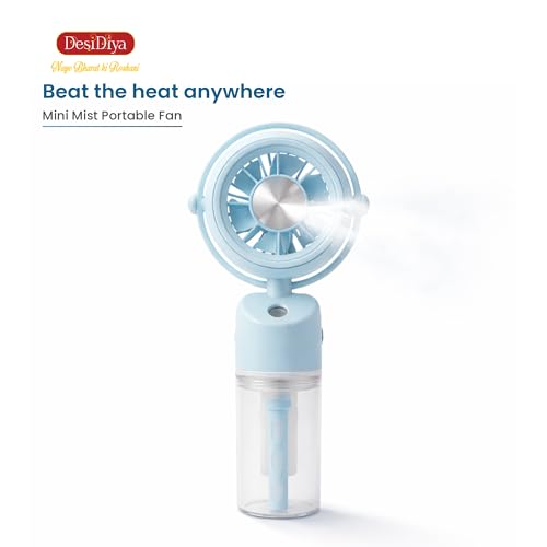 Image of Desidiya Mini Portable USB Rechargeable Hand Fan With Mist Diffuser 8000 RPM, 1200mAh Rechargeable Battery, Up to 6H Runtime, 3 Speed Modes With Mist Button Hand Fans for Summer, Blue Colour
