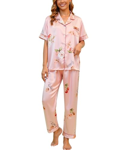 Image of UMBY Silk Satin Pajamas for Women Set 2 Piece button down Soft Silk Pjs Sets Cozy Silky Pajama Short Sleeve