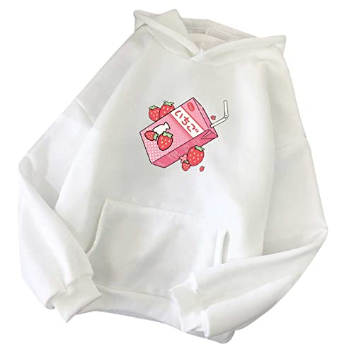 GBSELL Hoodies for Women Cute Strawberry Milk Printed Pullover Oversized Kawaii Japanese Pink Aesthetic Hoodies with Designs