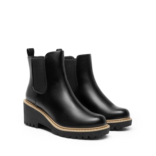 DREAM PAIRS DREAM PAIRS Women's Wedge Chelsea Ankle Boots Fashion Round Toe Low Wedge Heel Platform Booties Shoes,Size 11,Black-Pu,SDAB2403W
