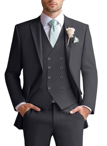 Mens Suit Slim Fit 3 Piece Double Breasted Vest Suit Blazer Vest and Pants