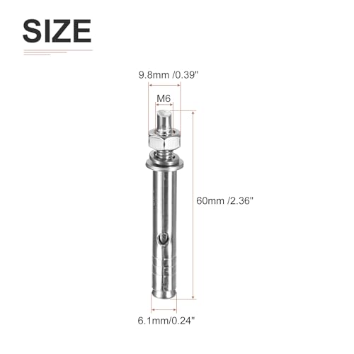 Image of DTGN M6 x 60 Expansion Bolts - 12Pack- Good for Concrete Dry Brick Block Walls - 304 Stainless Steel - Silver