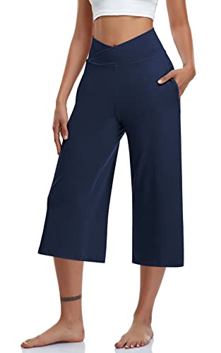 Image of TARSE Womens Casual Wide Leg Yoga Capris Crossover High Waist Capri Pants Loose Soft Pajama Pockets Sweatpants