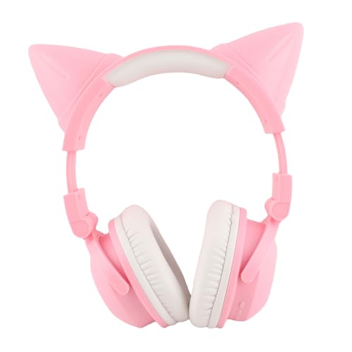 BAFOVY Casque Oreille de Chat, Casque Stéréo Mignon pour Enfants avec Lumières LED, Bandeau Réglable pour Une Utilisation sans Fil et Filaire (Pink)