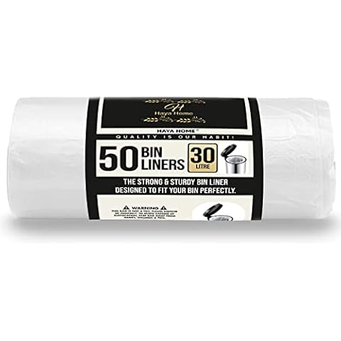 Haya Home 23-30L 50 White Plastic Heavy Duty Bin Liner Long Retro Pedal Bins Liner Refuse Sacks Pack of 50 X 1 Heavy Duty Waste Dustbin Bags roll Kitchen Home Office DIY Garden 100% Recycled Material Cover