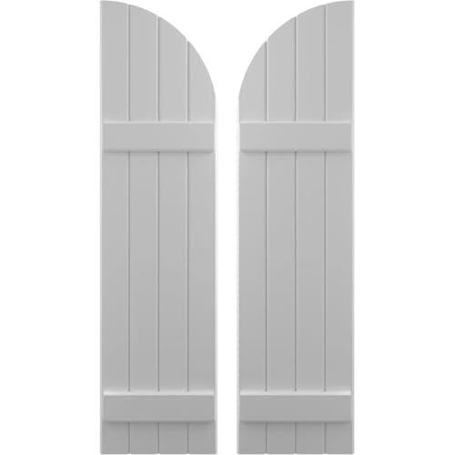 14"W x 54"H Americraft Four Board (2 Batten) Joined Exterior Real Wood Joined Board-n-Batten Shutters w/Arch Top (Per Pair), Primed